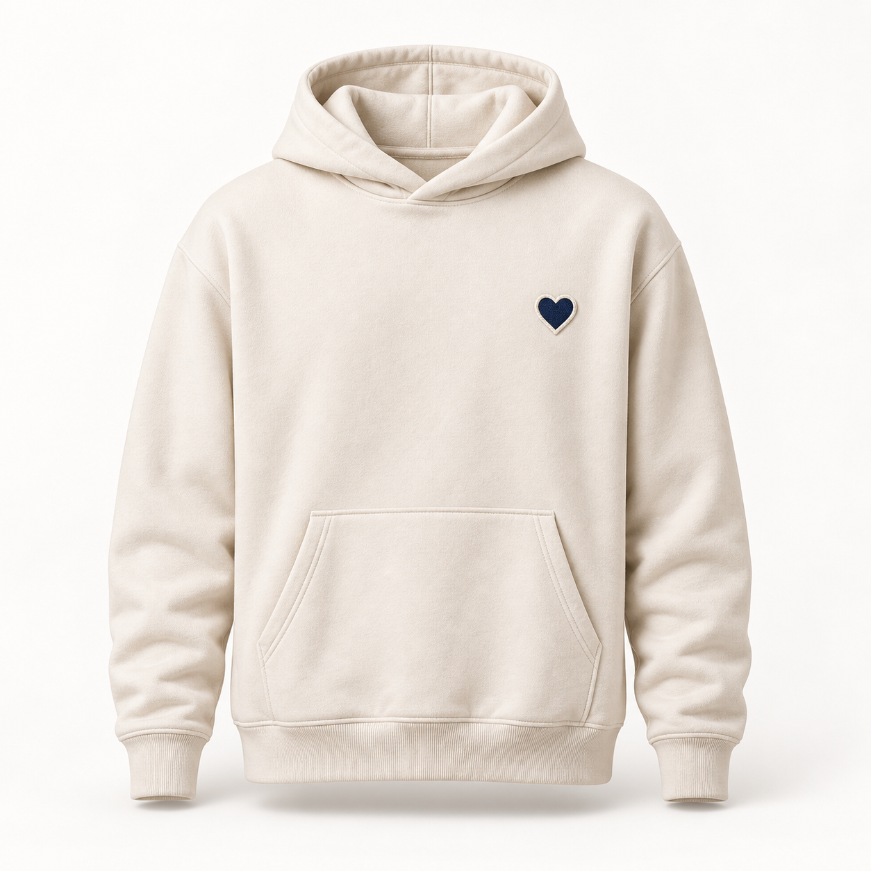 Cream Love Tap hoodie with a navy heart patch